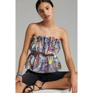 NWT By Anthropologie Cotton Blend Ruffled Tube Top‎ Multicolor Boho Size L Large